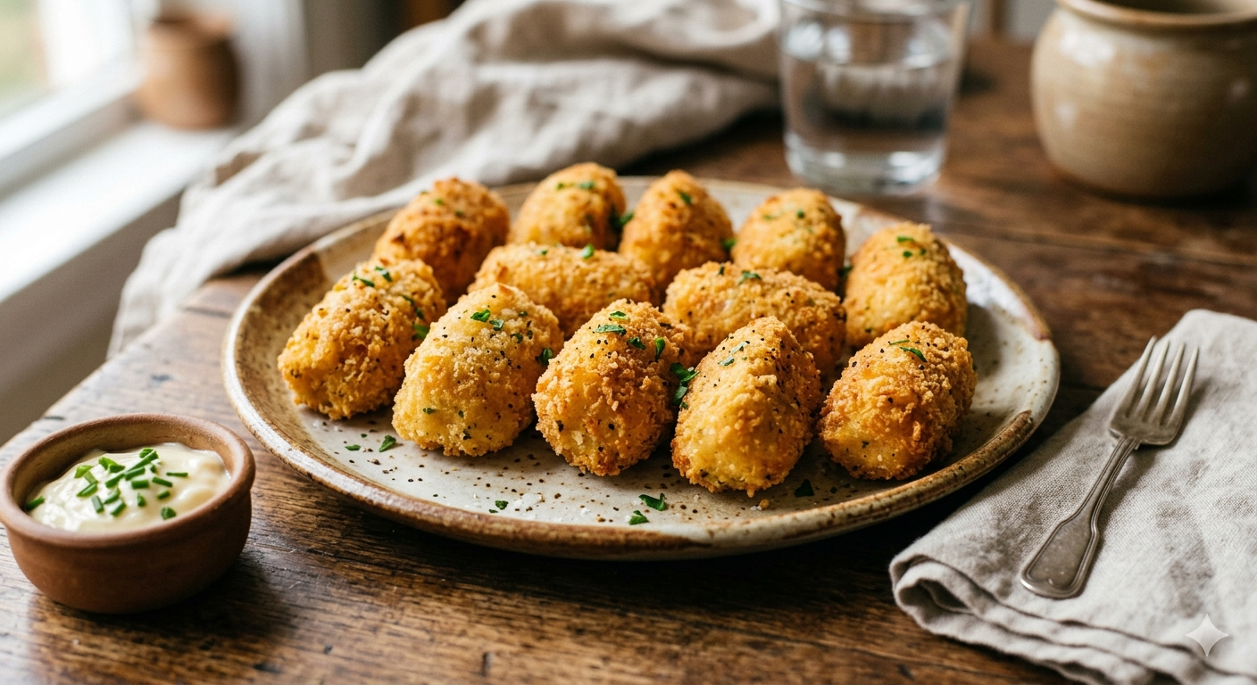 12 warm chicken croquetes on a plate, ready to be eaten