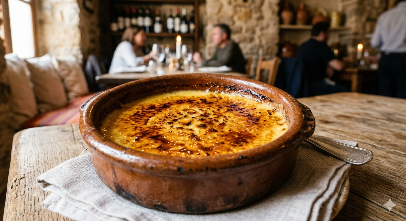 Crema catalana in a traditional ceramic recipient