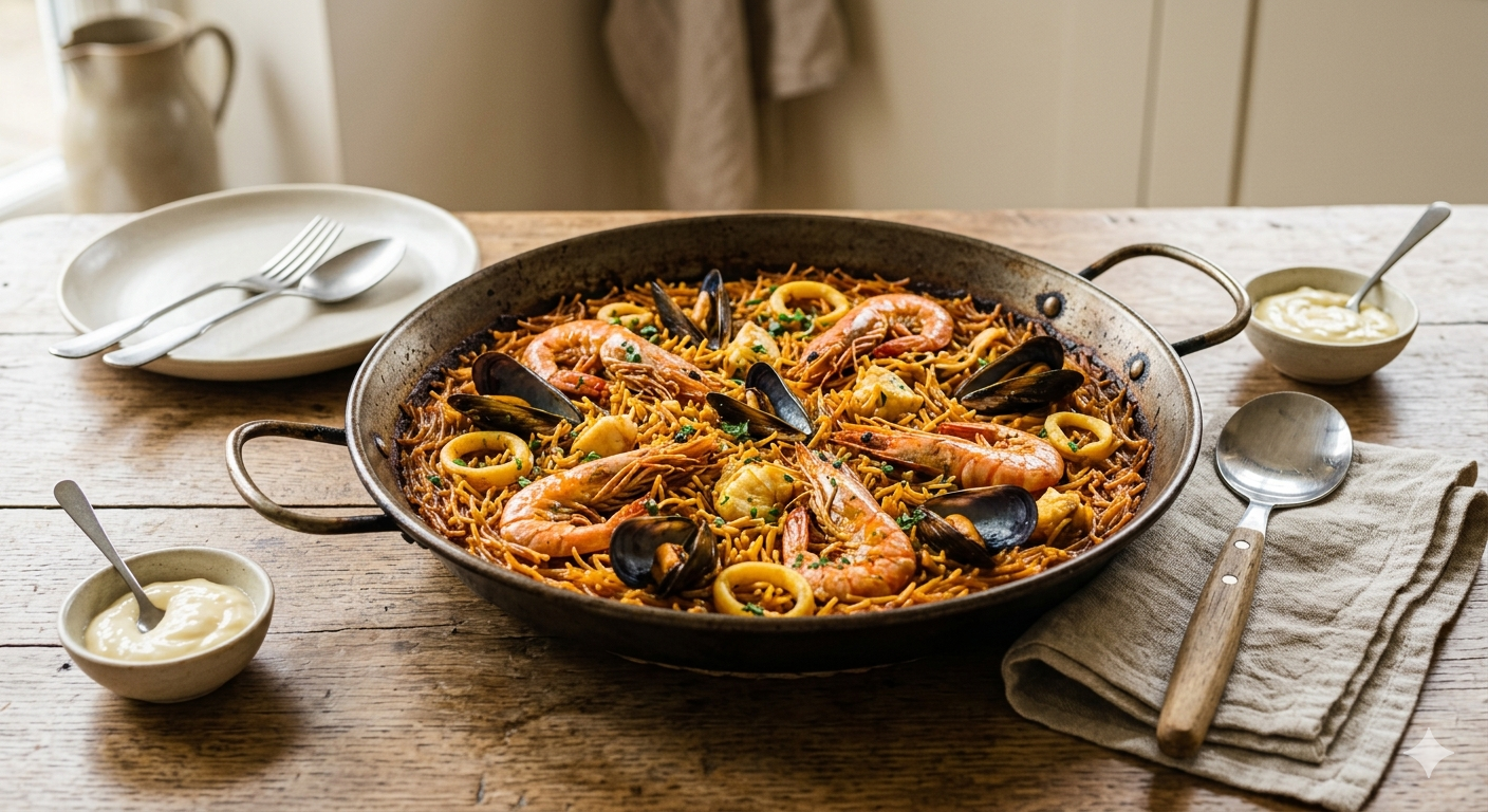 Fideuà for 2 in a paella recipient on a table, ready to be served